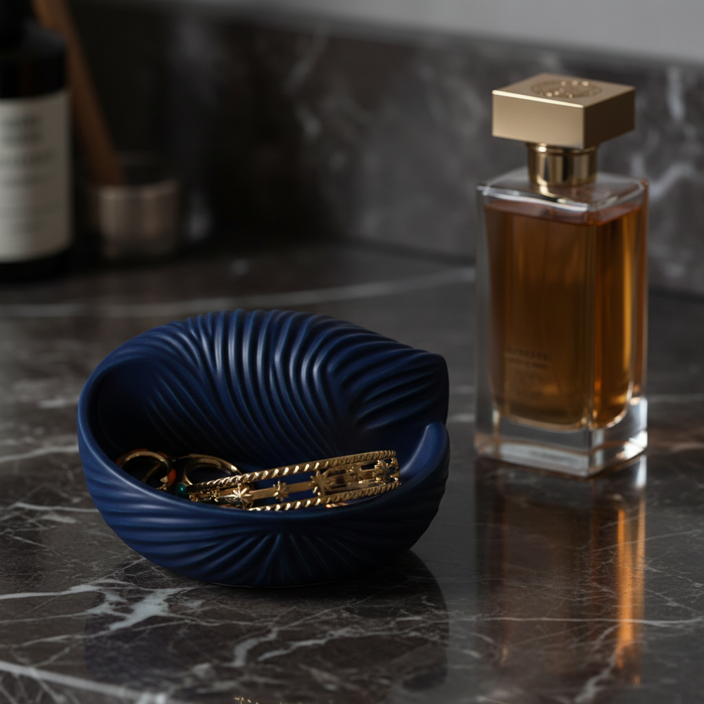 Navy blue seashell jewellery bowl on dark marble vanity with gold rings and perfume bottle