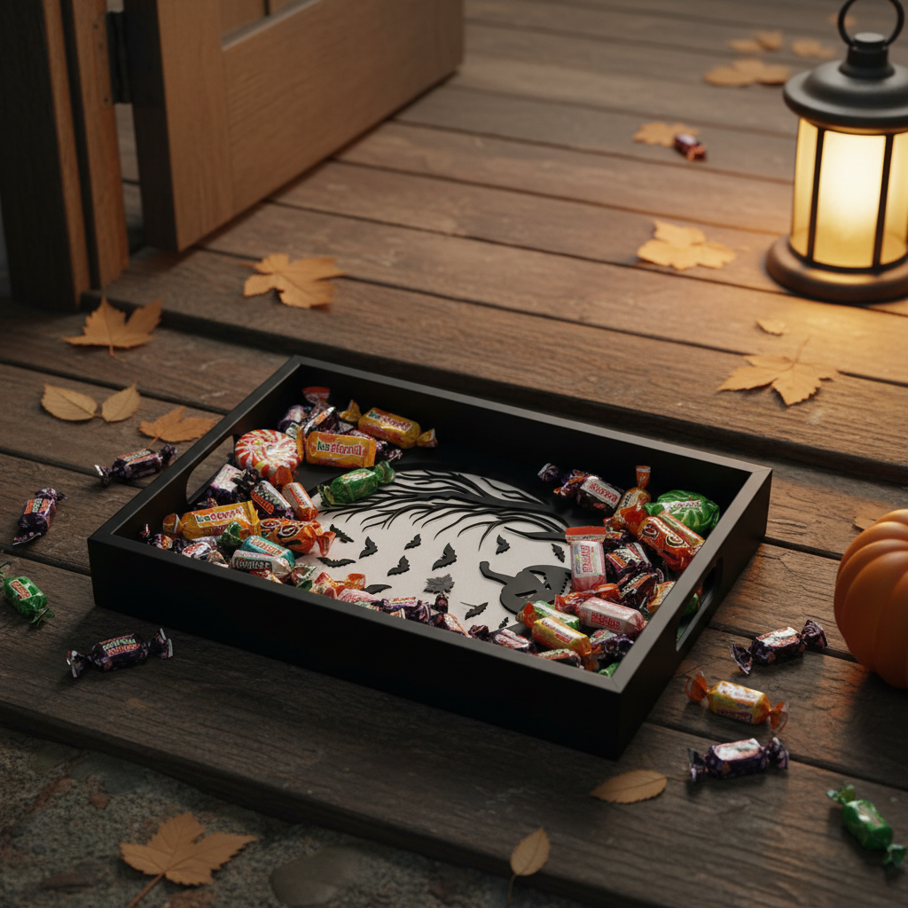 Black Halloween candy tray on doorstep with wrapped Halloween candy and sweets trick or treat lifestyle