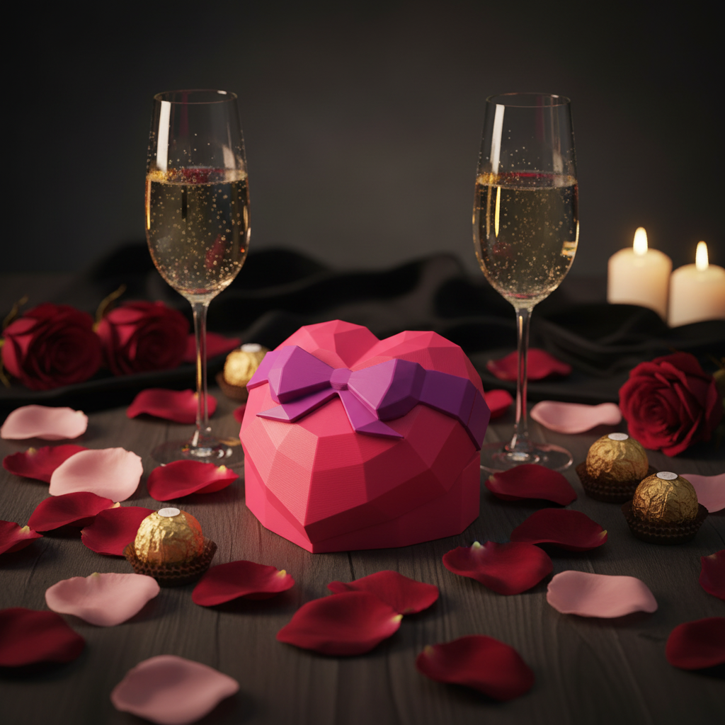 Heart-Shaped Ring Box in black — closed on dark moody surface with champagne glasses and rose petals