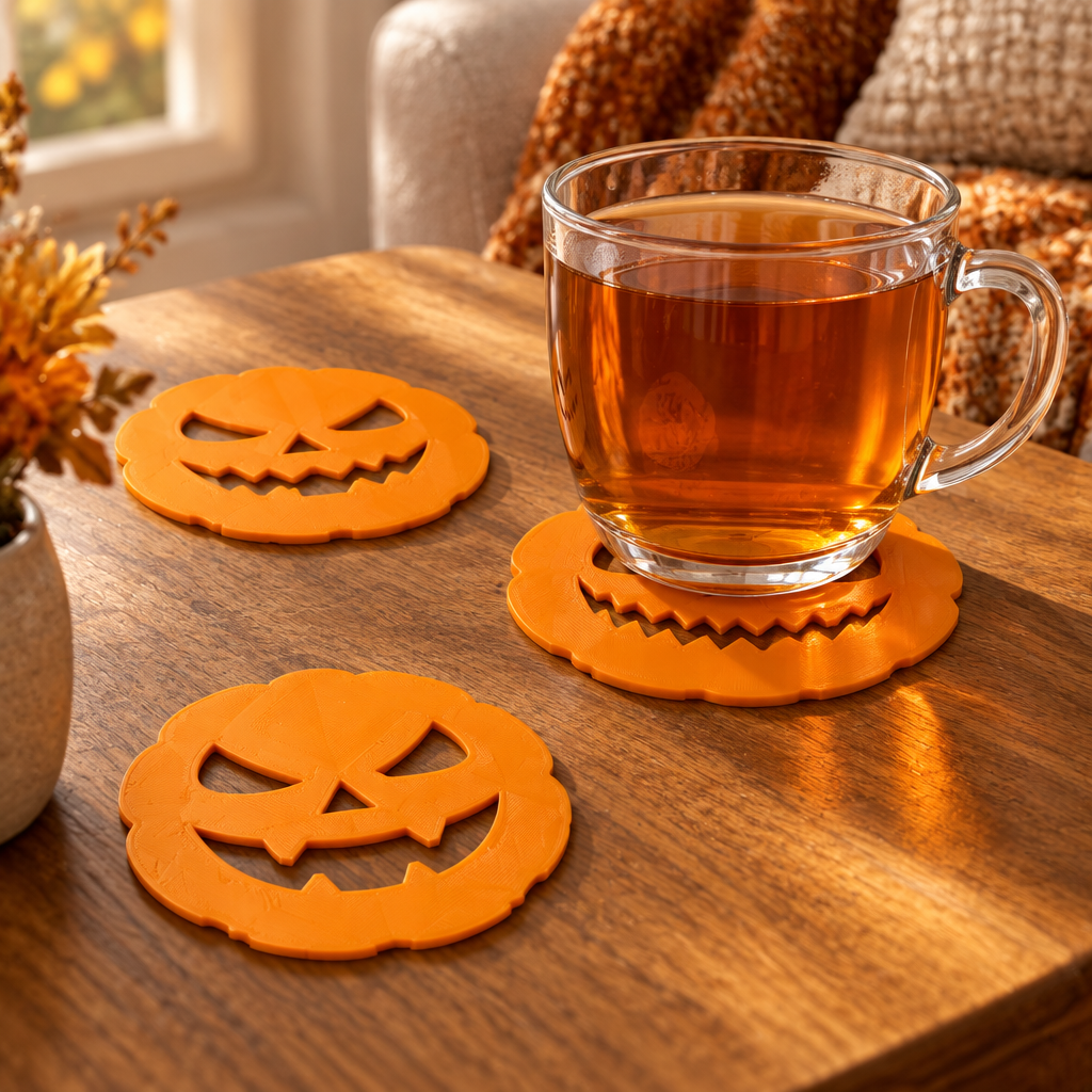 Orange pumpkin face coasters on a warm autumn coffee table with a glass of tea