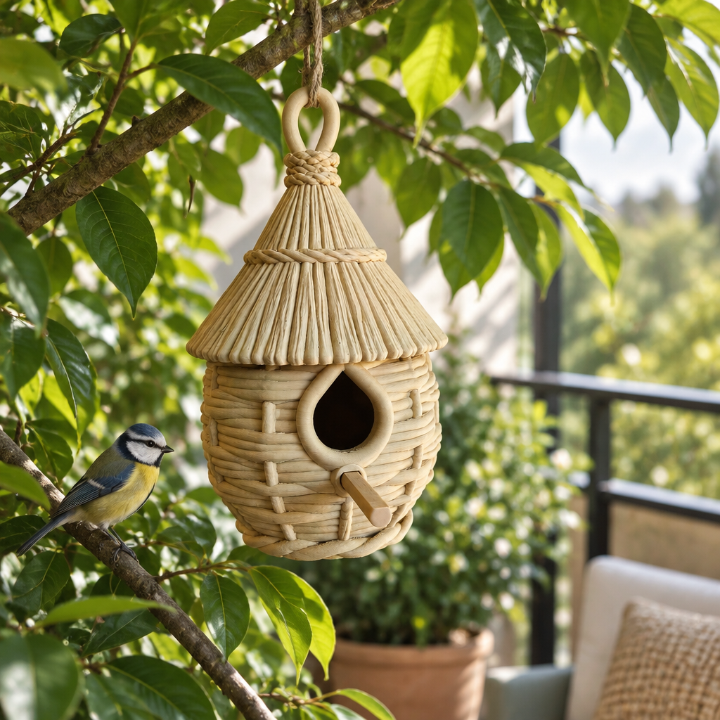 Weave Birdhouse among balcony greenery
