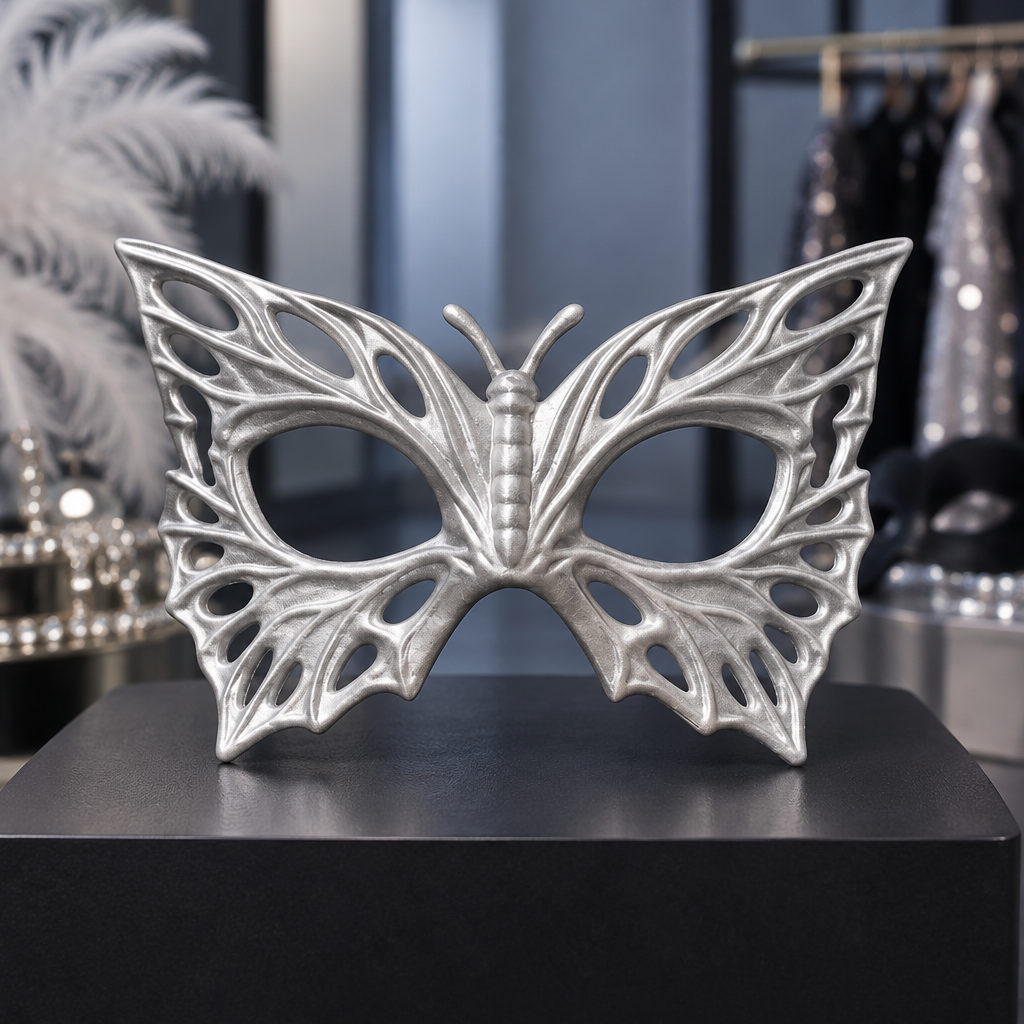 Silver metallic Butterfly Mask displayed on a dark plinth.