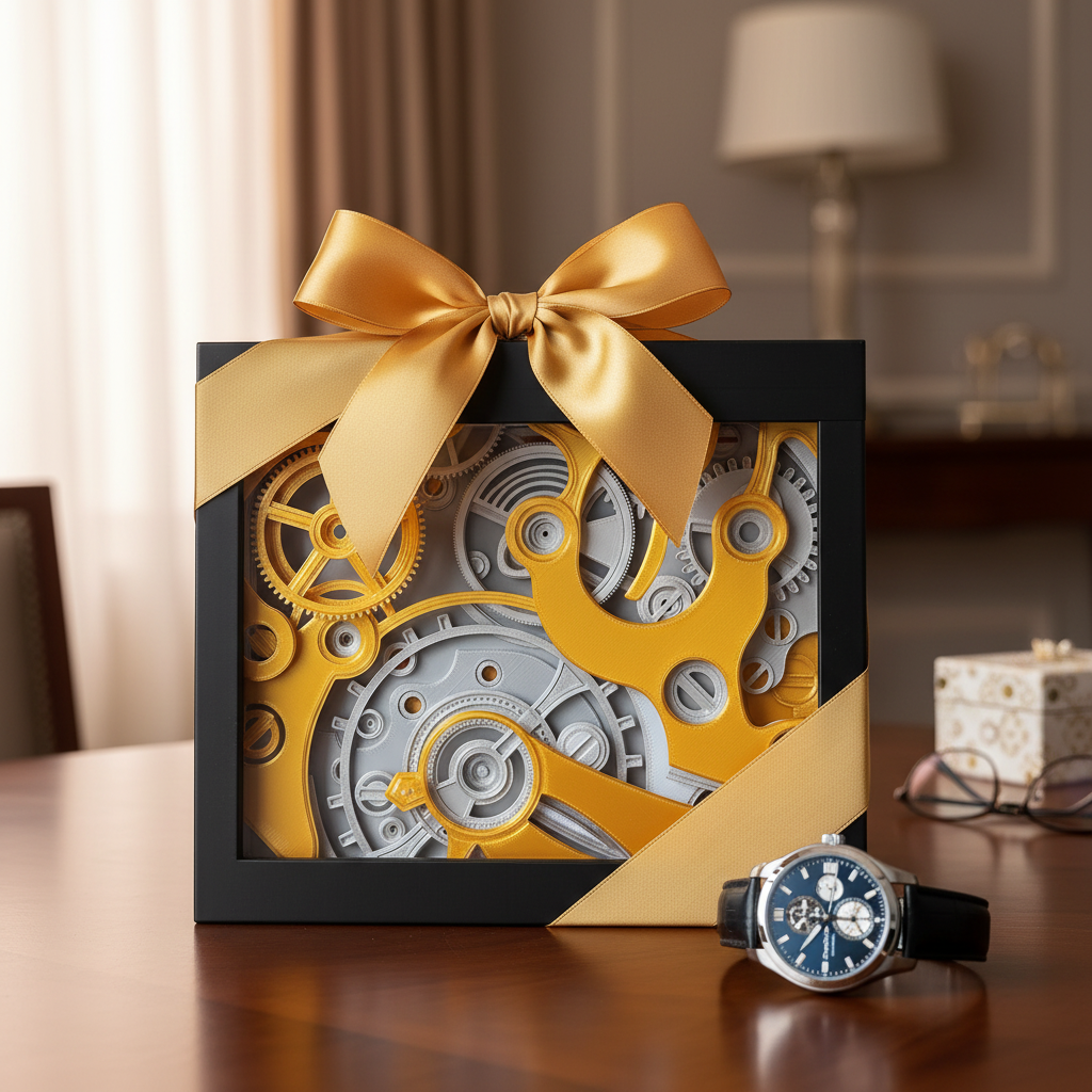 Clockwork Shadow Box presented as a gift with gold ribbon and bow alongside a luxury watch