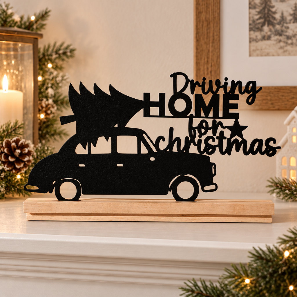 Close lifestyle view of the black car-and-tree sign on its natural wood base