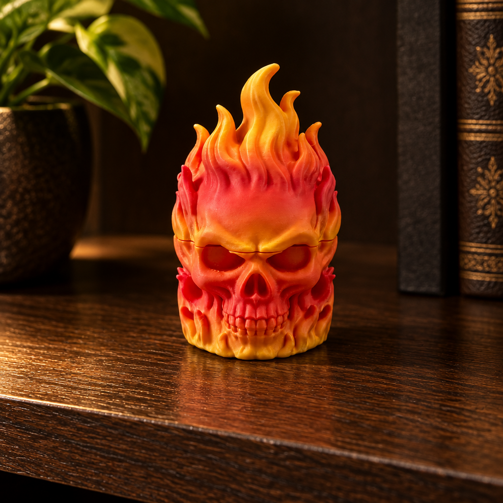 Flaming Skull Herb Grinder on oak shelf