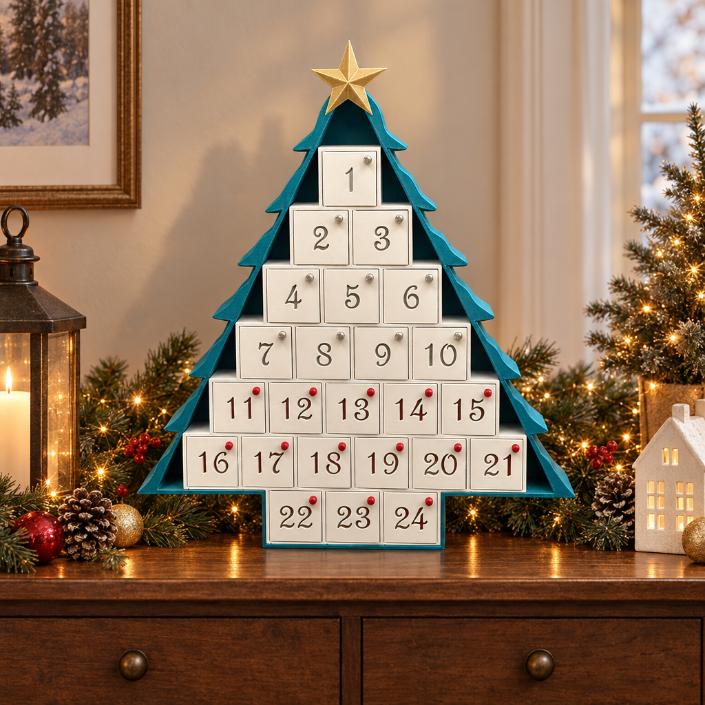 Tree-shaped advent calendar displayed on a festive sideboard with greenery and warm lights