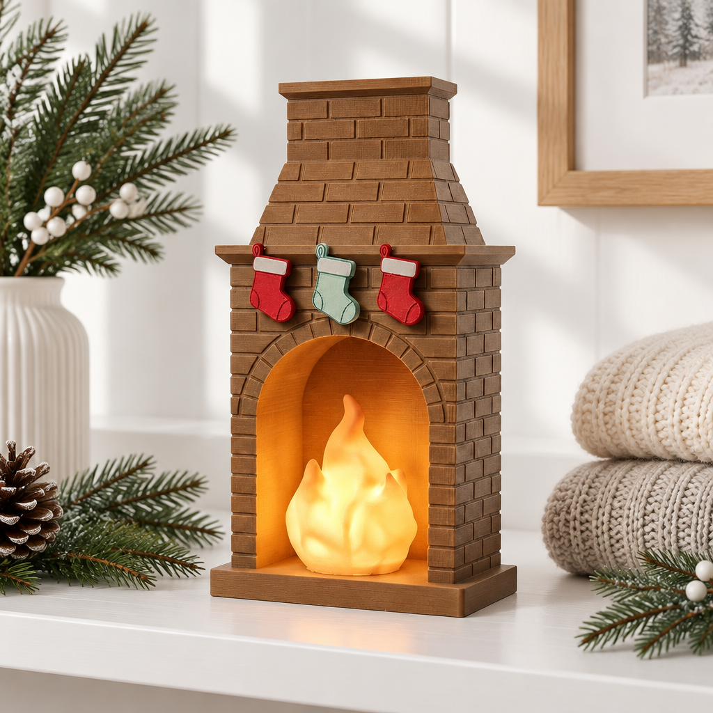 Miniature brick fireplace tealight holder styled on a bright shelf with winter greenery