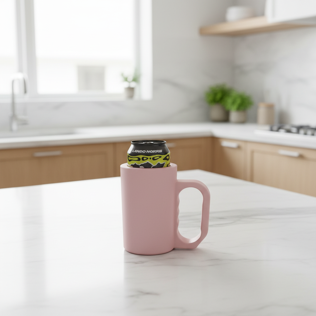 Dusty pink insulating can cooler on modern kitchen counter with can inside, bright minimal kitchen