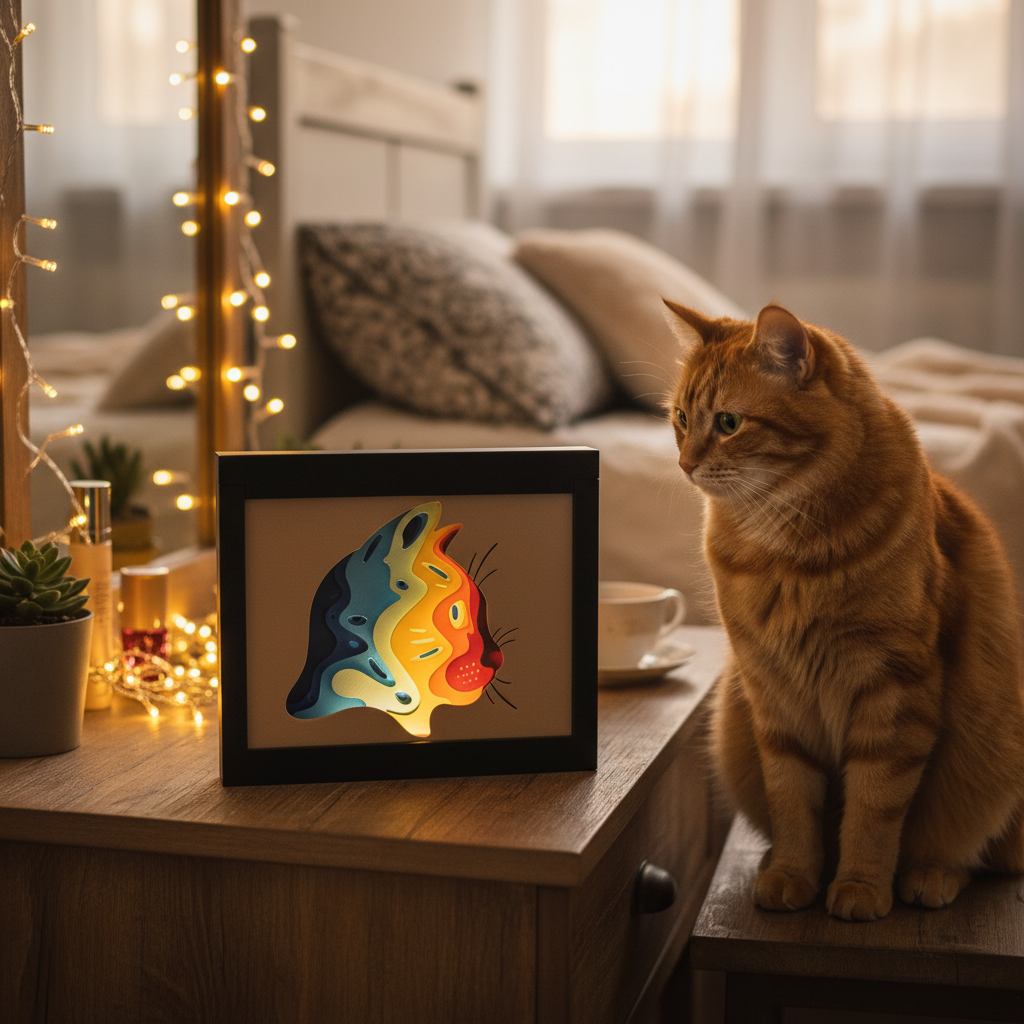 Cat Shadow Box displayed on a bedroom dressing table with fairy lights and a real cat sitting nearby
