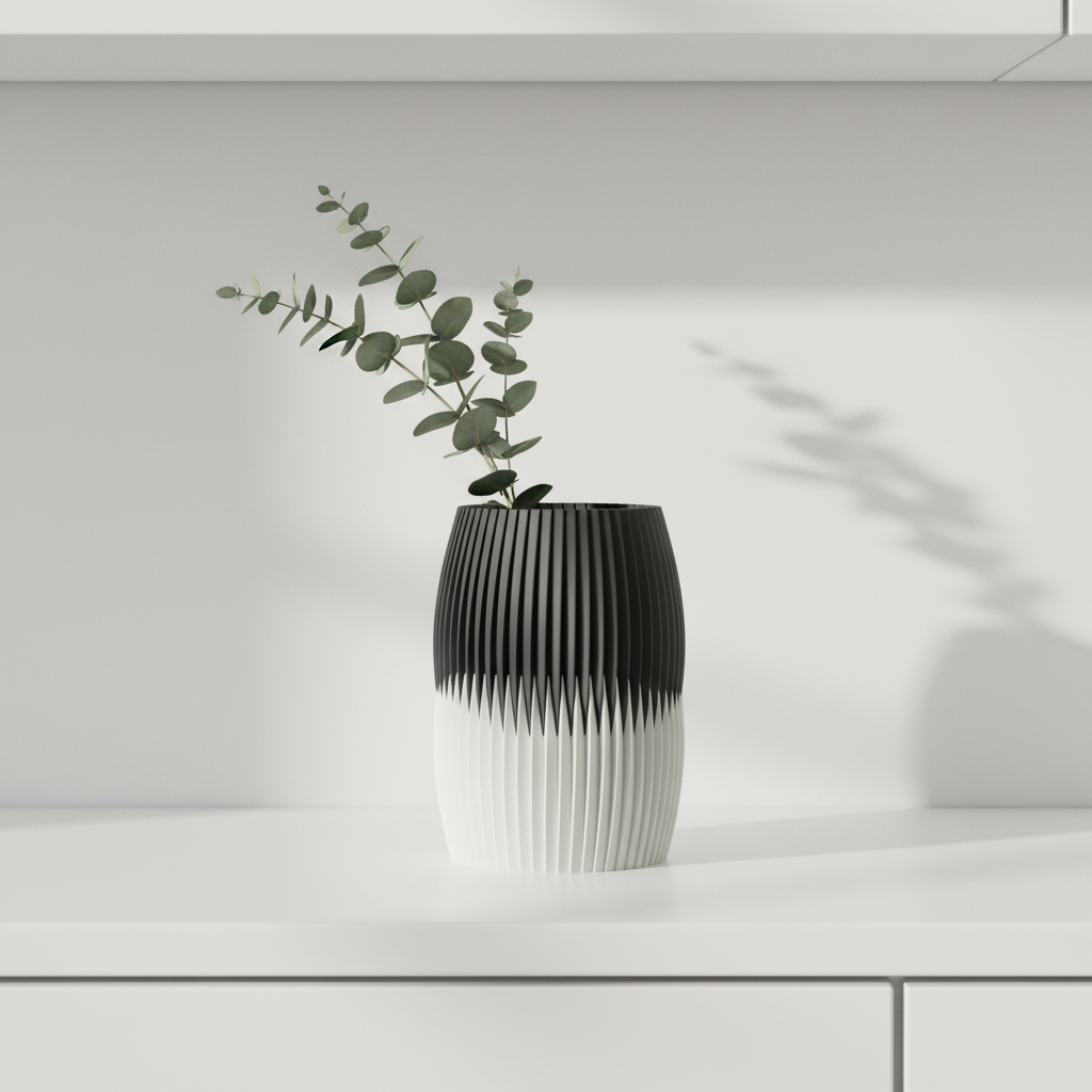 Black-top two-part fluted vase with a white bottom on a kitchen shelf