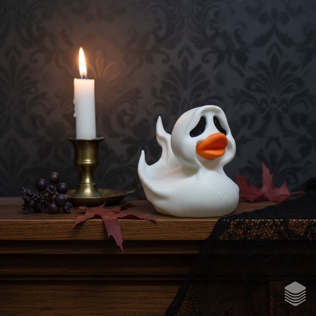 White Halloween ghost duck sculpture on a dark wood mantel
