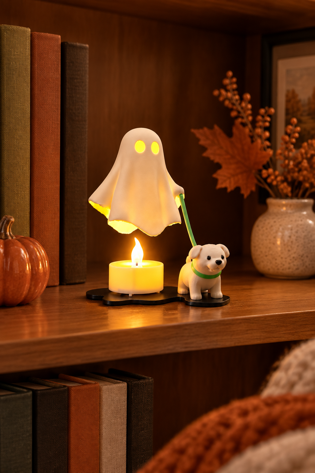 Green-collar ghost walking dog tealight holder displayed on a bookshelf with books and autumn accents