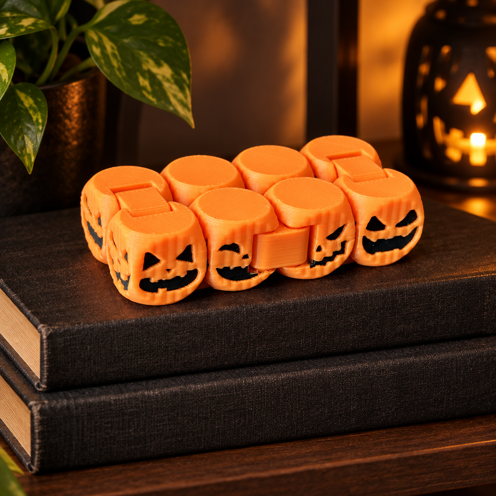Articulated pumpkin fidget chain displayed across dark books
