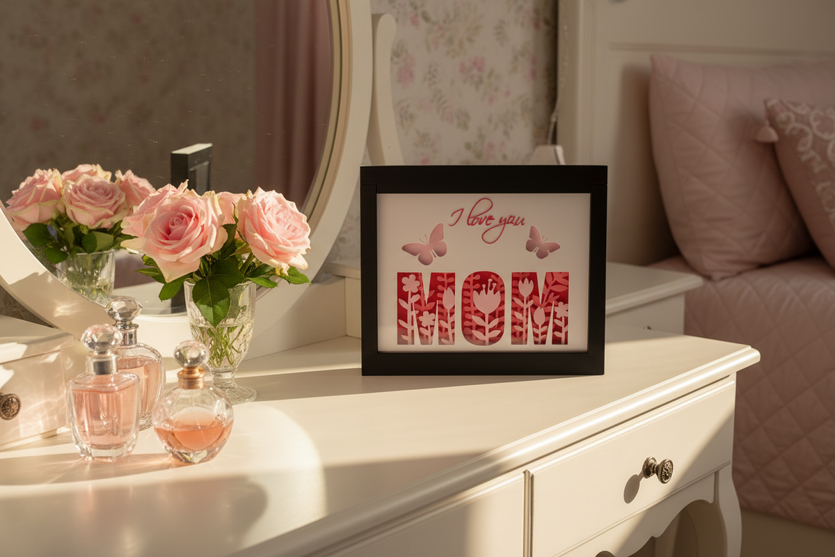 Mother's Day MOM shadow box on dressing table with pink roses and soft morning light