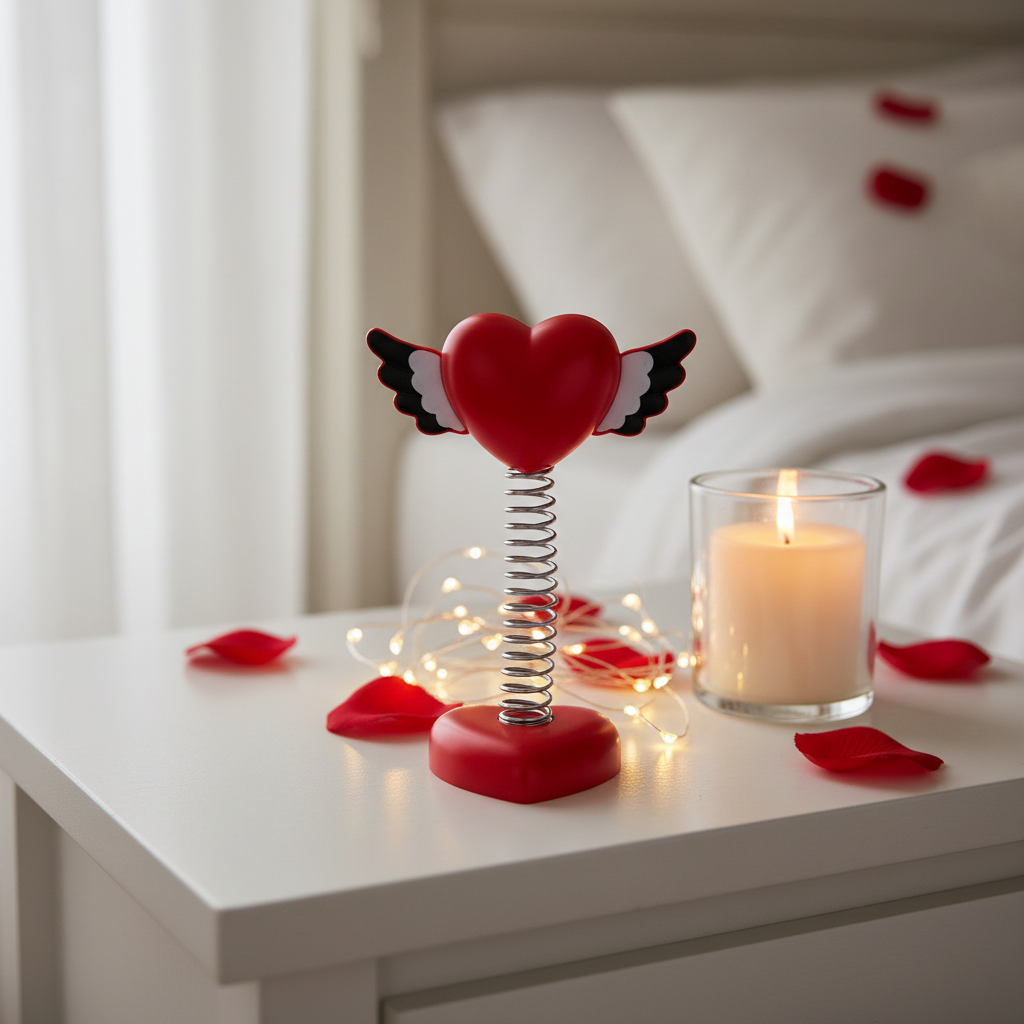 Valentine's Day Springie winged heart on spring — displayed on bedside table with fairy lights, rose petals and candle