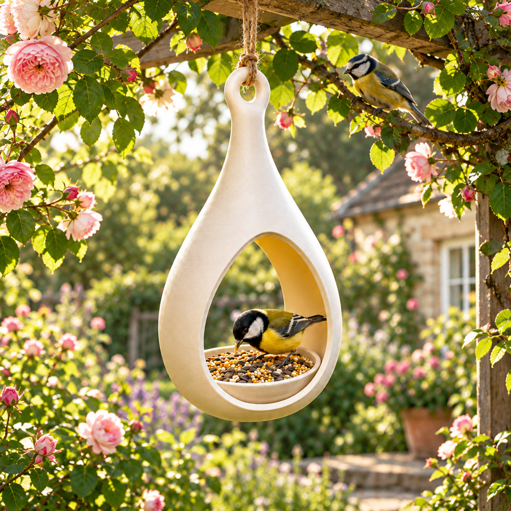 Elegant Drop bird feeder hanging from a pergola