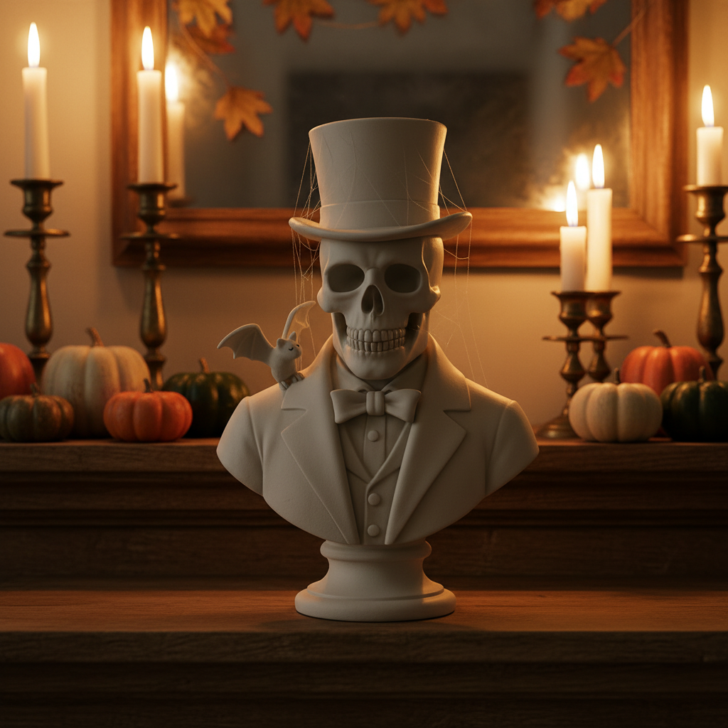 White gentleman skull bust sculpture on a Halloween mantel