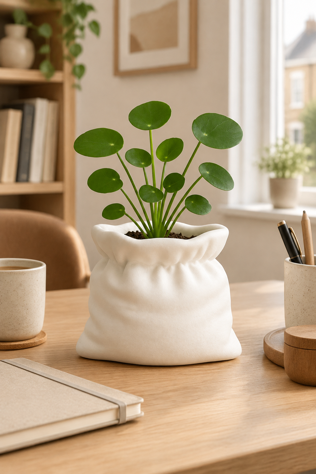 White sack planter with a green round-leaf plant on a home-office desk