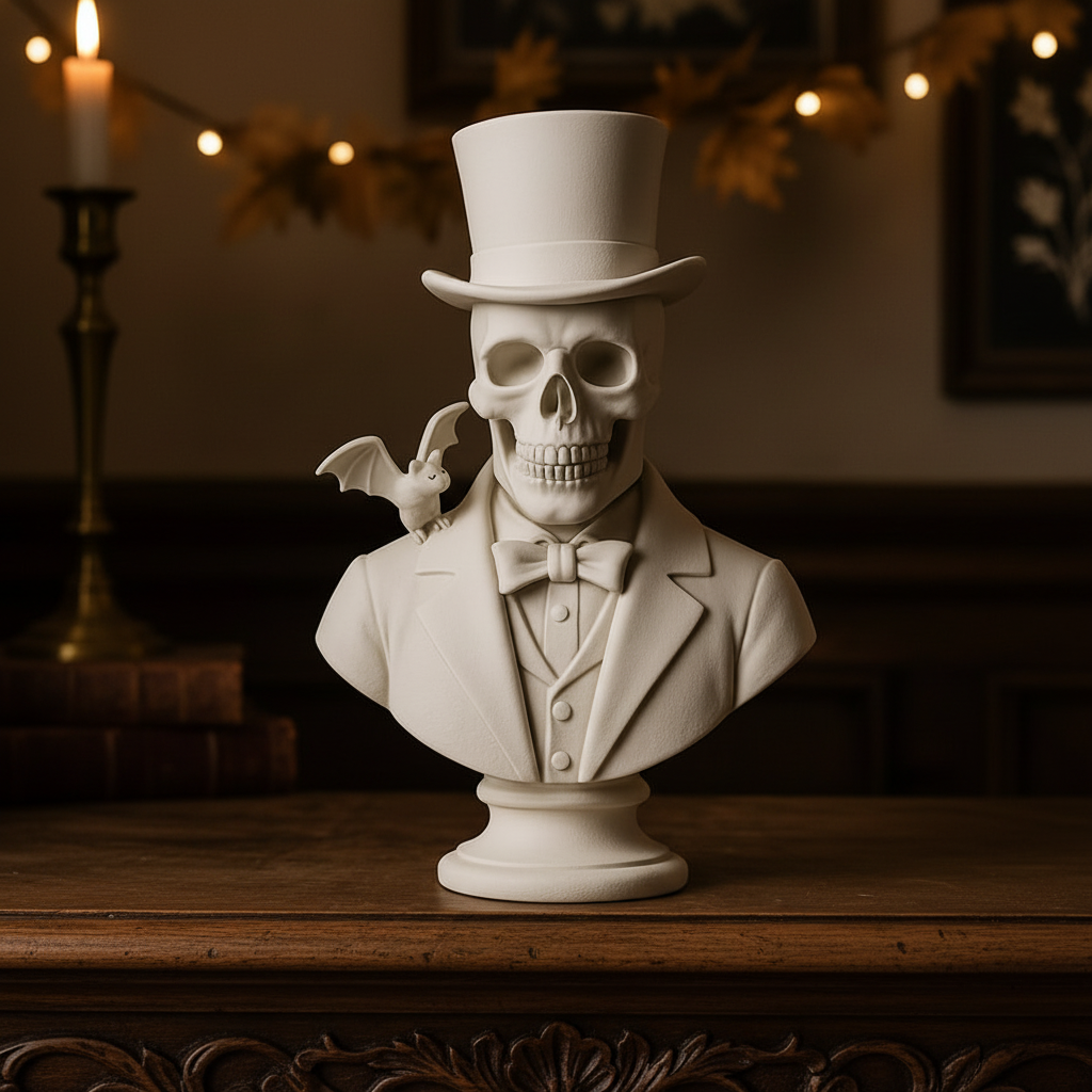 White gentleman skull bust sculpture on a Victorian mantel