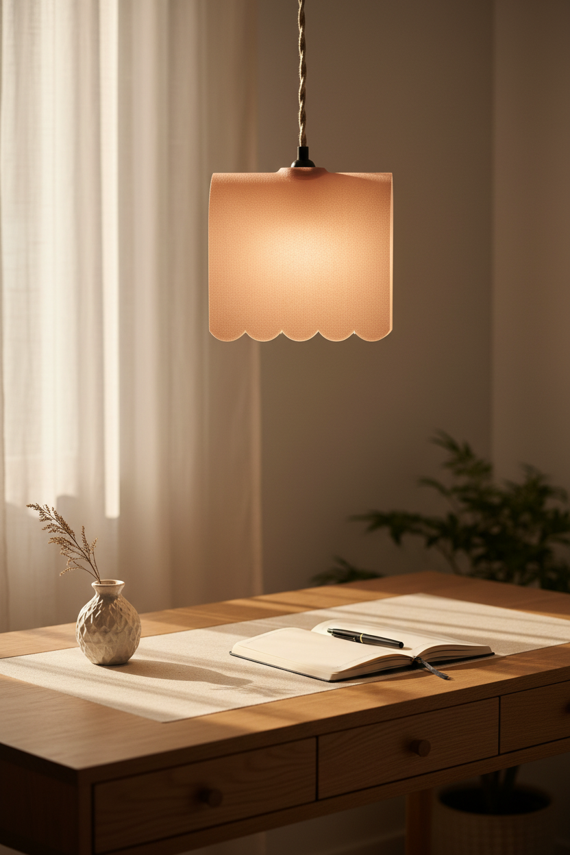 Dusty peach awning lampshade above a minimal oak home office desk
