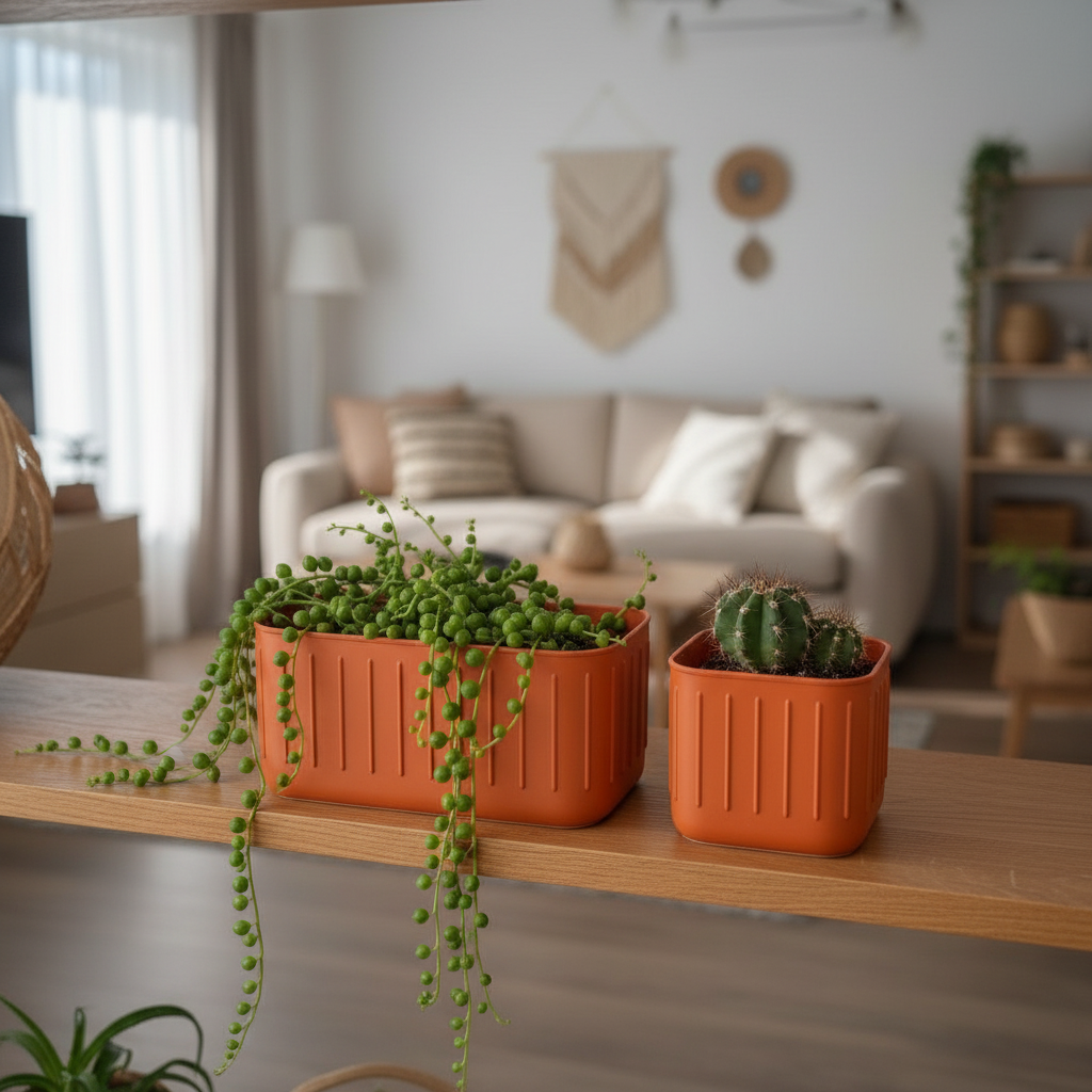 Terracotta orange Scandinavian ribbed pot pair on oak shelf with string of pearls and cactus