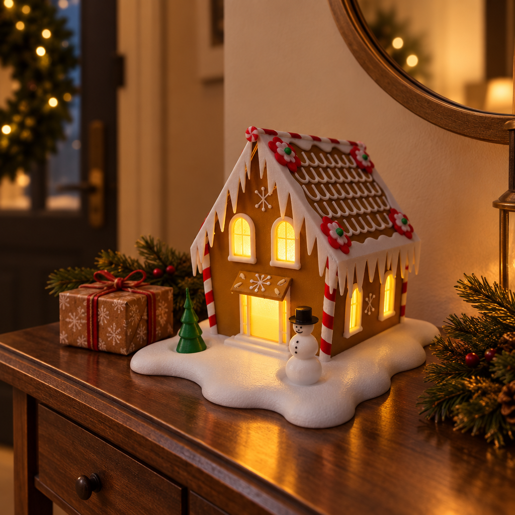 Snowy gingerbread cabin tealight holder styled on an entryway console with a wrapped gift