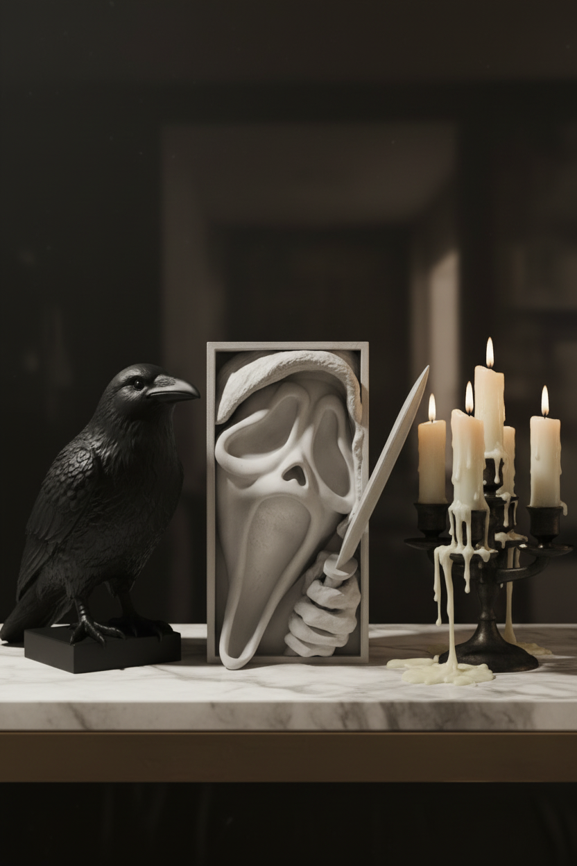 Scream book nook relief sculpture white framed box pale marble shelf dark moody interior black raven sculpture melted taper candles ghostly atmospheric pale editorial portrait