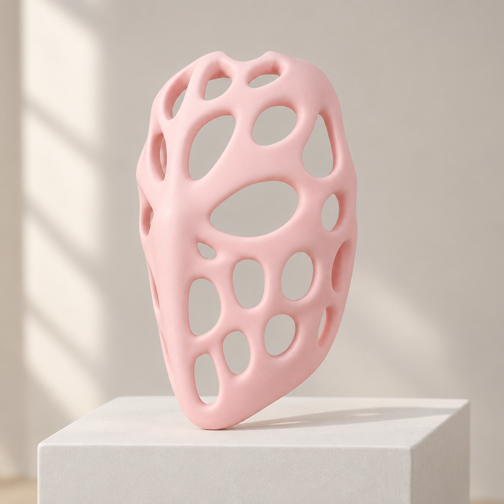Pink hollow Voronoi Mask shown on a pale pedestal, no strap included