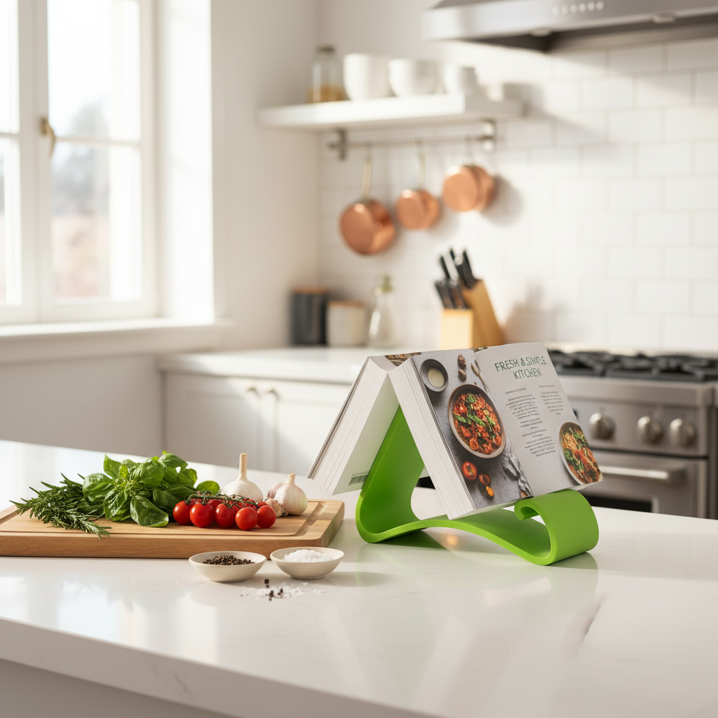 Green Wavy Book Stand used as a cookbook holder on a bright modern kitchen counter