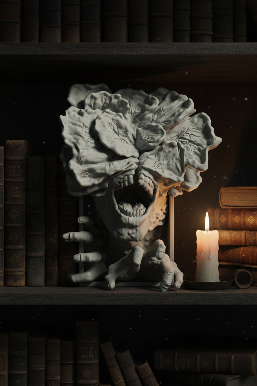 Stranger Things Demogorgon book nook relief sculpture grey framed box dark gothic library shelf antique hardcover books single candle raking side light long shadows across flower head eerie atmospheric horror portrait