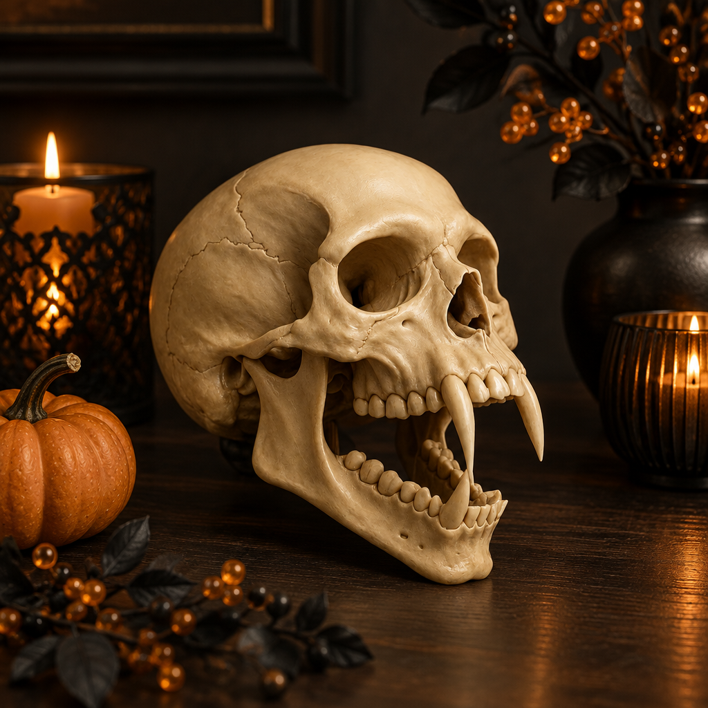 Open-jaw vampire skull sculpture directly on a dark tabletop with subtle Halloween decor