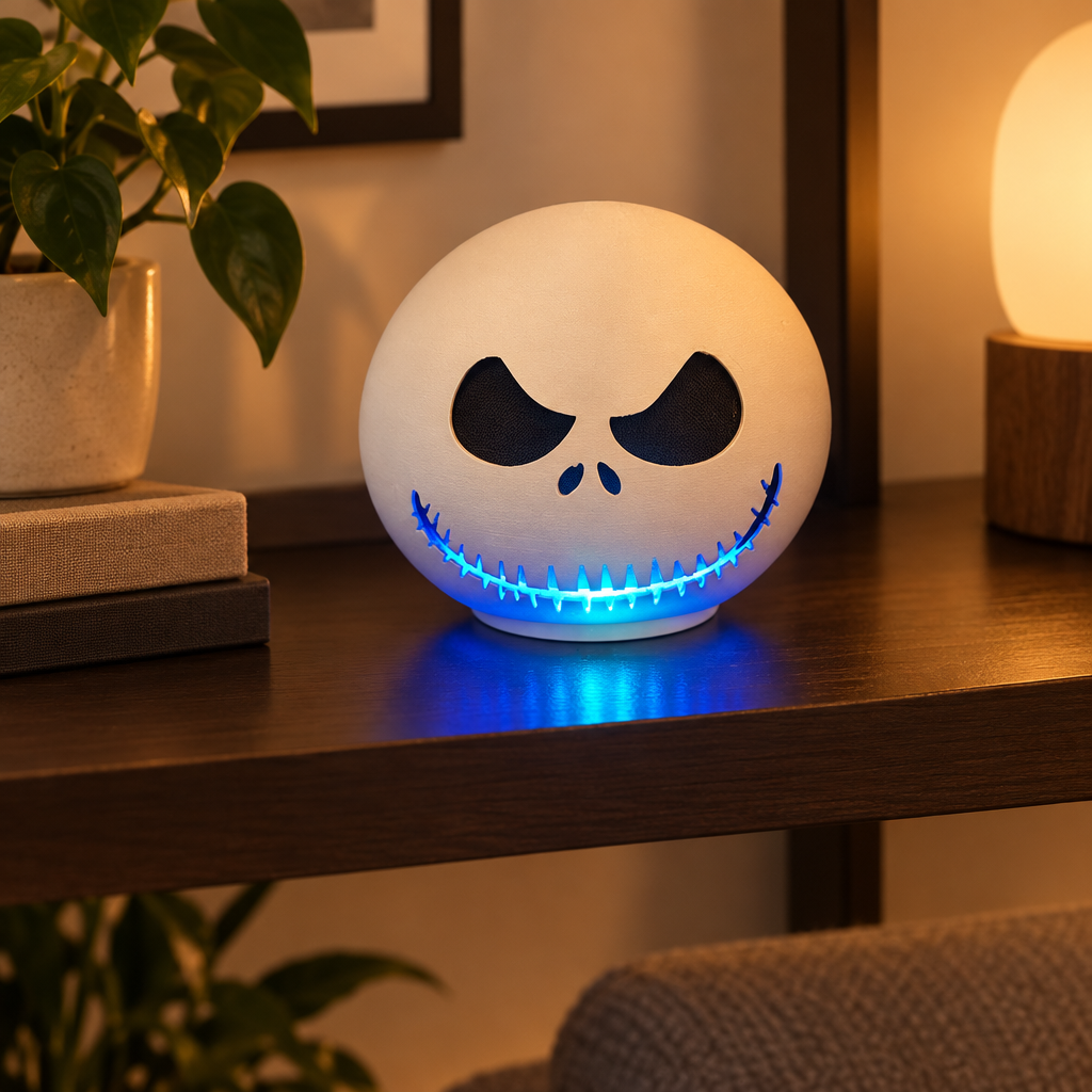 Jack Skellington shell glowing blue through the grin on a dark shelf with books and a plant