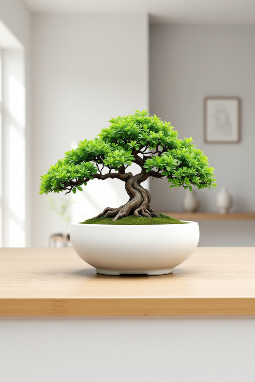 Minimalist Bonsai Pot with bonsai tree on a Scandinavian shelf