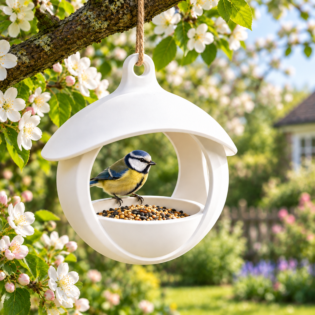 White spherical bird feeder among spring blossoms