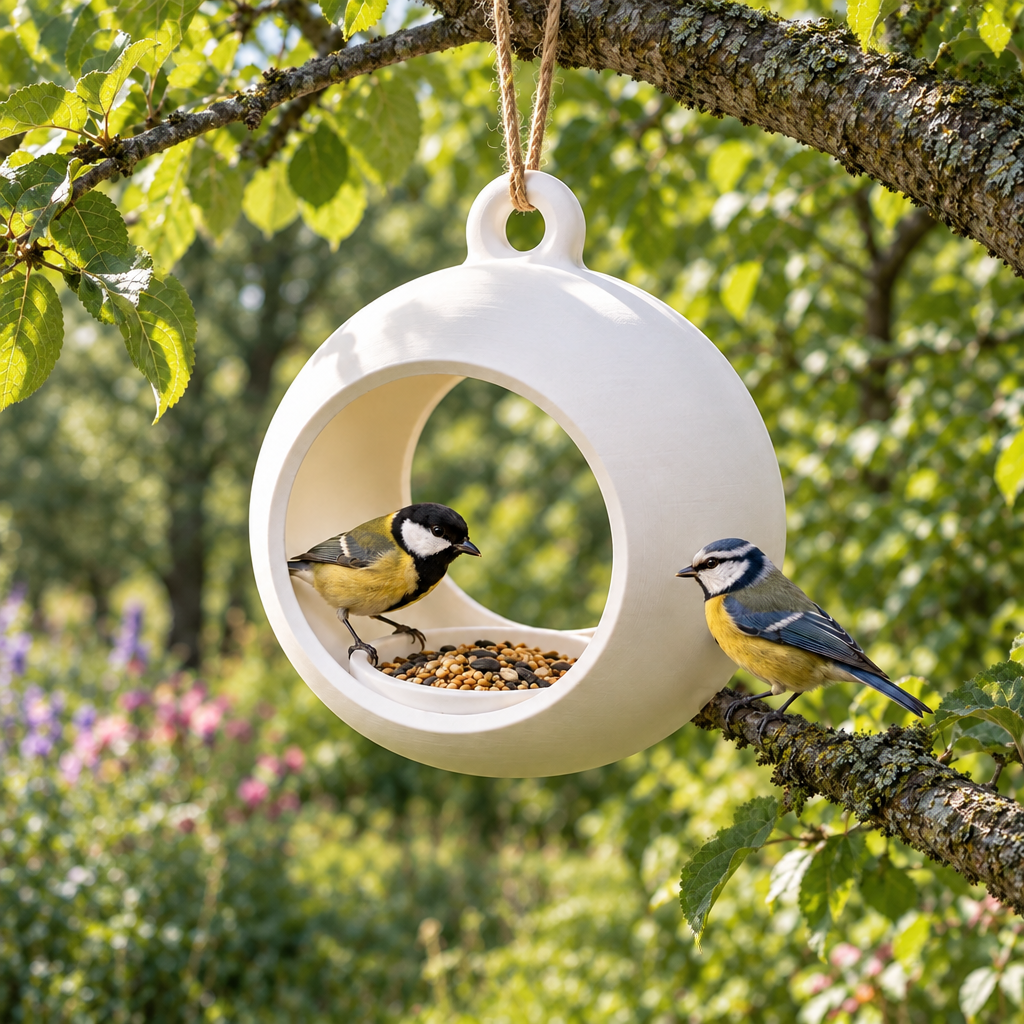 Sphere feeder near woodland garden