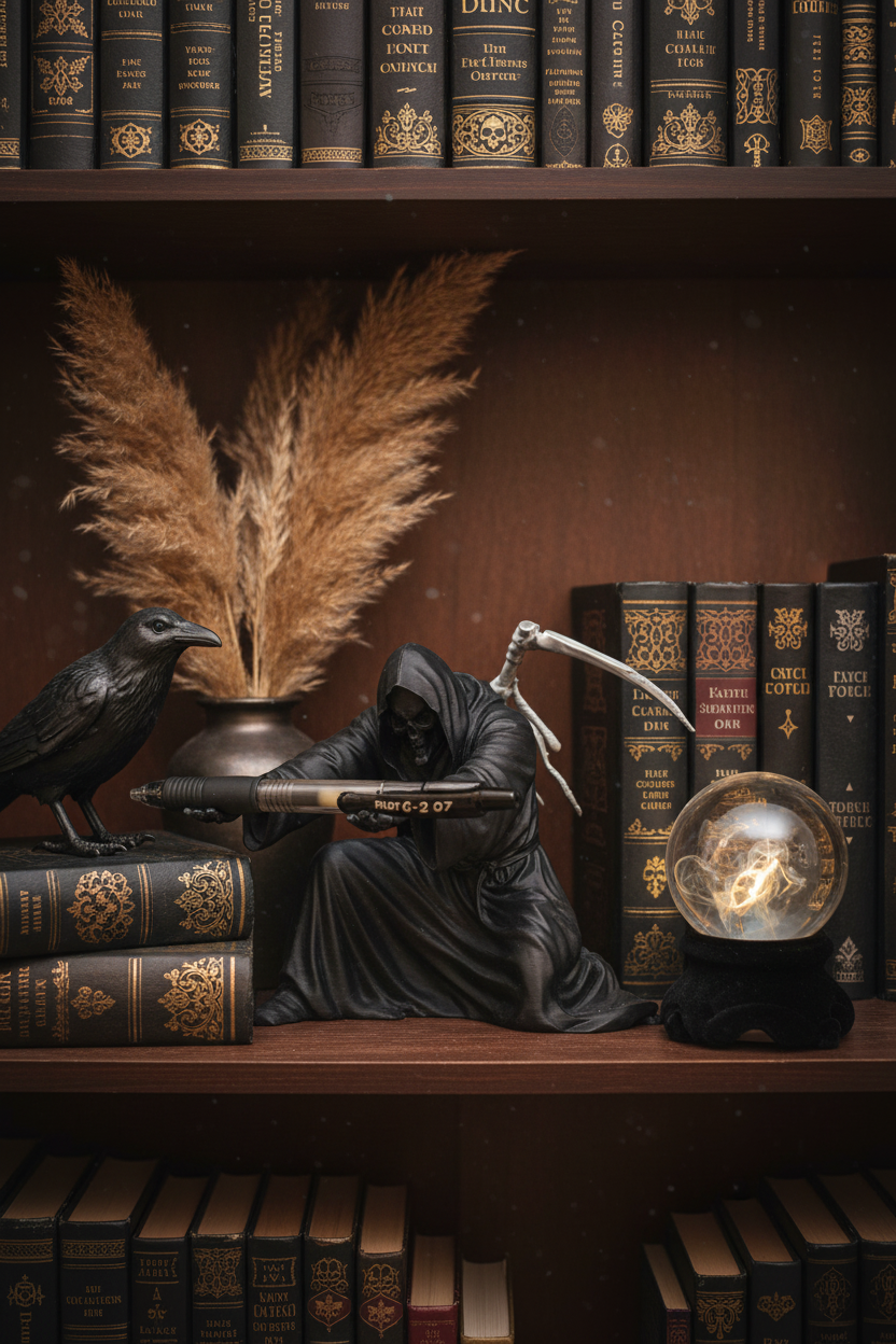 Grim Reaper Pen Holder on gothic bookshelf with crystal ball and raven ornament