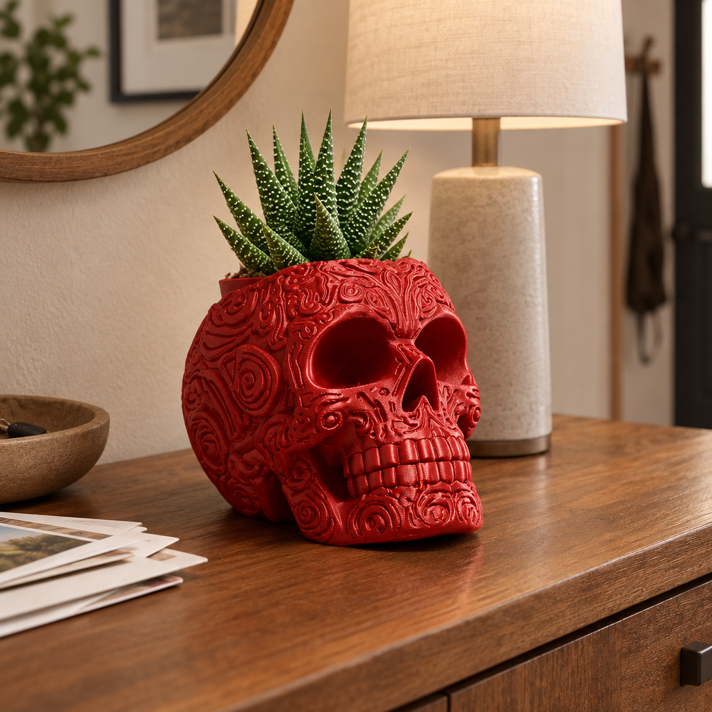 Red ornate skull planter holding a small succulent on a wood console