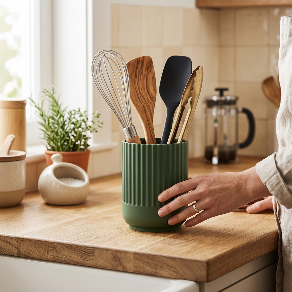 Japandi-Style Kitchen Utensil Holder in sage green — lifestyle shot on oak worktop with herbs and French press