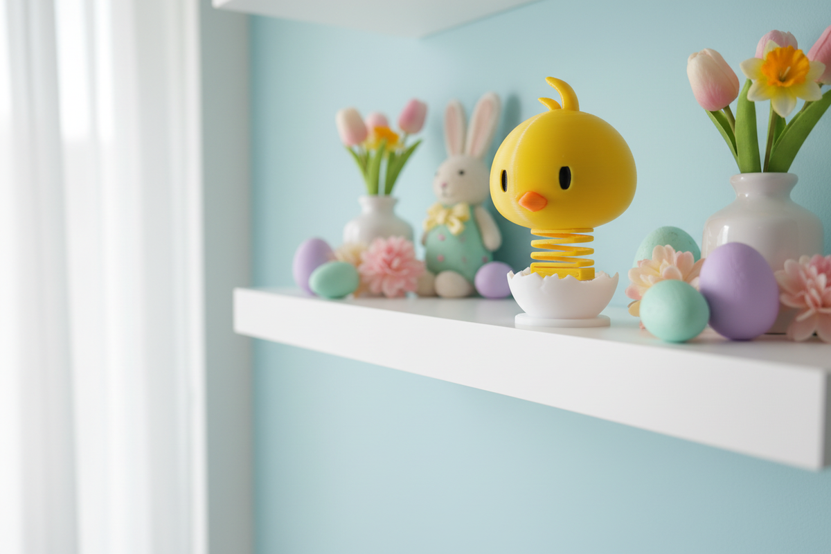 Chick Springie 3D printed Easter figure on a white shelf in a modern children's room with pastel Easter decorations and spring flowers