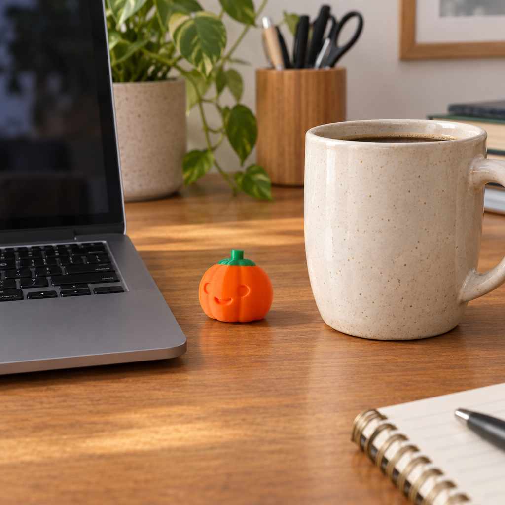 Pumpkin clicker by a laptop and mug.
