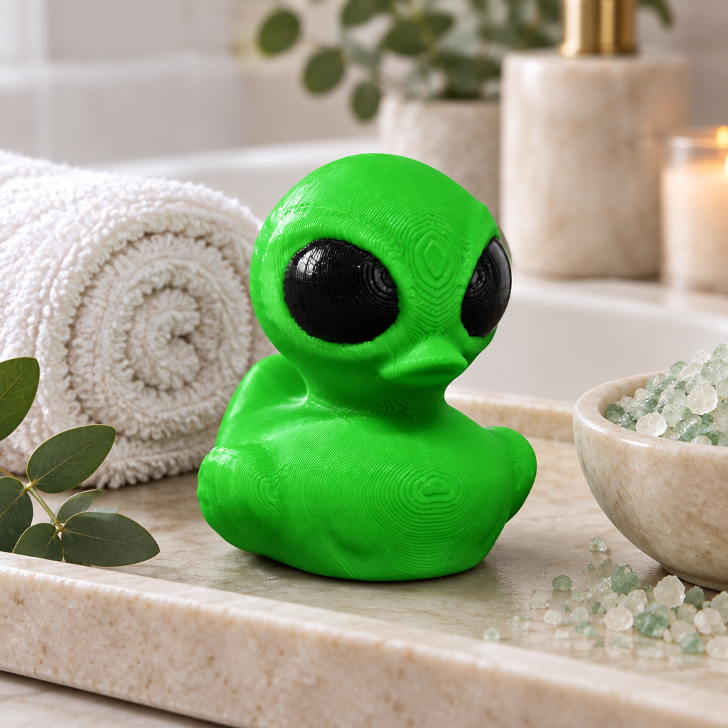 Bright green alien bath duck styled on a stone tray with spa accessories