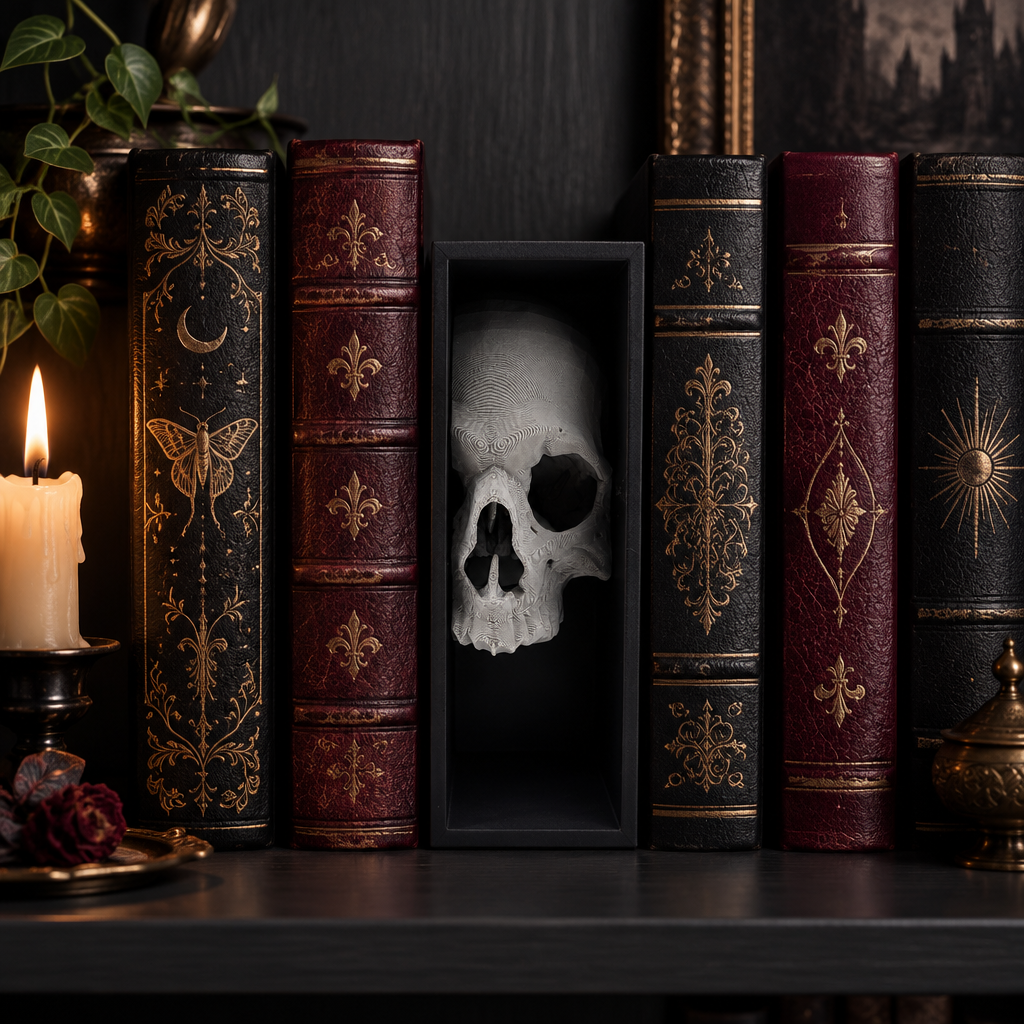 Paint-ready skull book nook styled between dark books in a modern gothic study