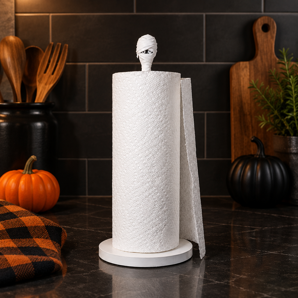 White mummy kitchen towel holder on a dark counter with subtle Halloween decor