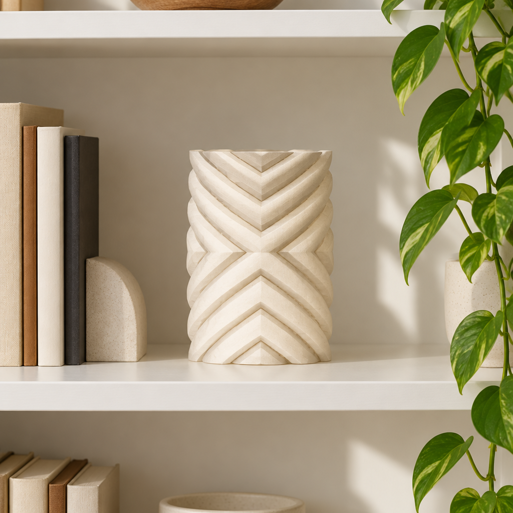 Geometric lampshade unlit on a white bookshelf beside books and a trailing plant