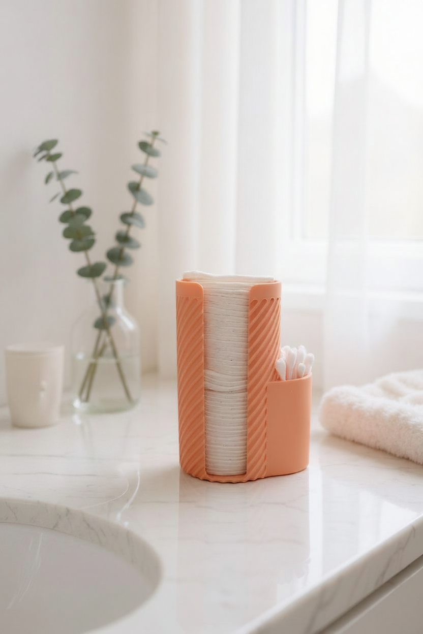 Dusty pink MakeUpMate organizer on marble vanity with cotton pads and eucalyptus stems