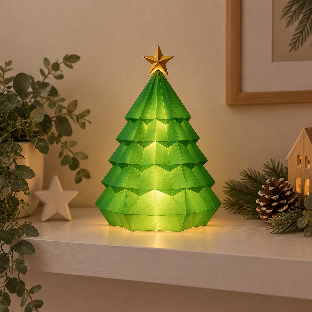 Green faceted Christmas tree tealight holder with fixed gold star displayed on a shelf