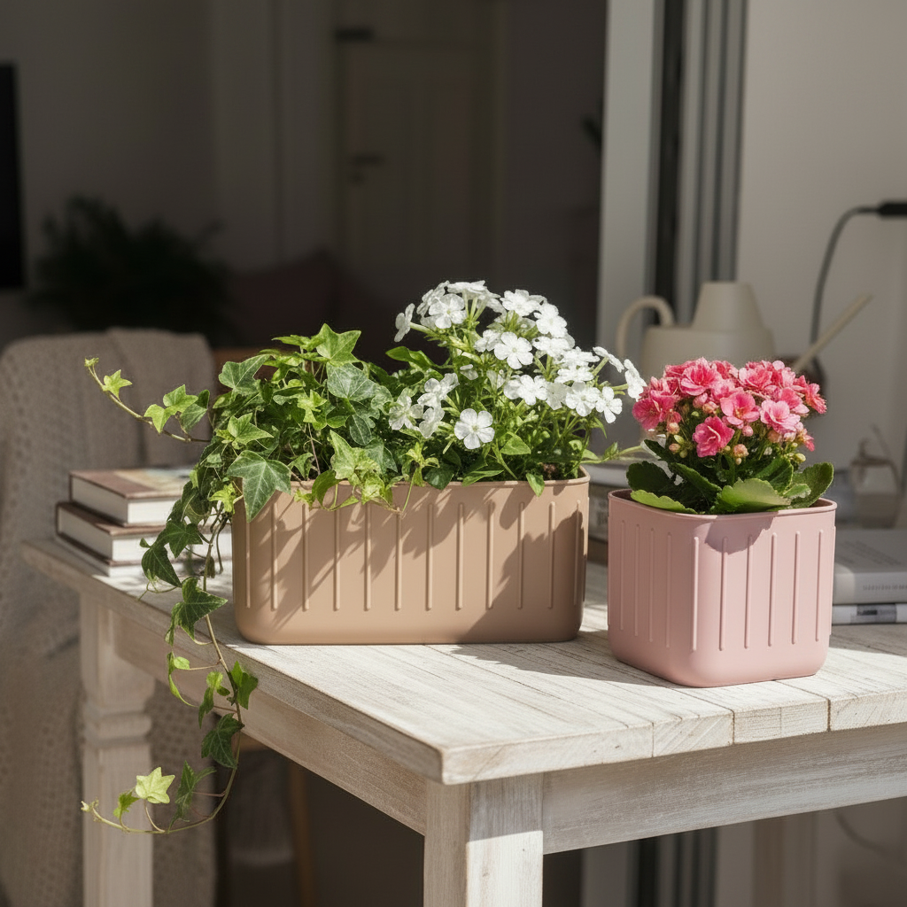 Dusty pink Scandinavian ribbed pot pair on oak dining table with trailing ivy and pink flowers