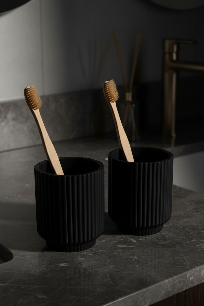 Matte black ribbed toothbrush cup set on dark marble counter with bamboo toothbrushes, moody luxury bathroom