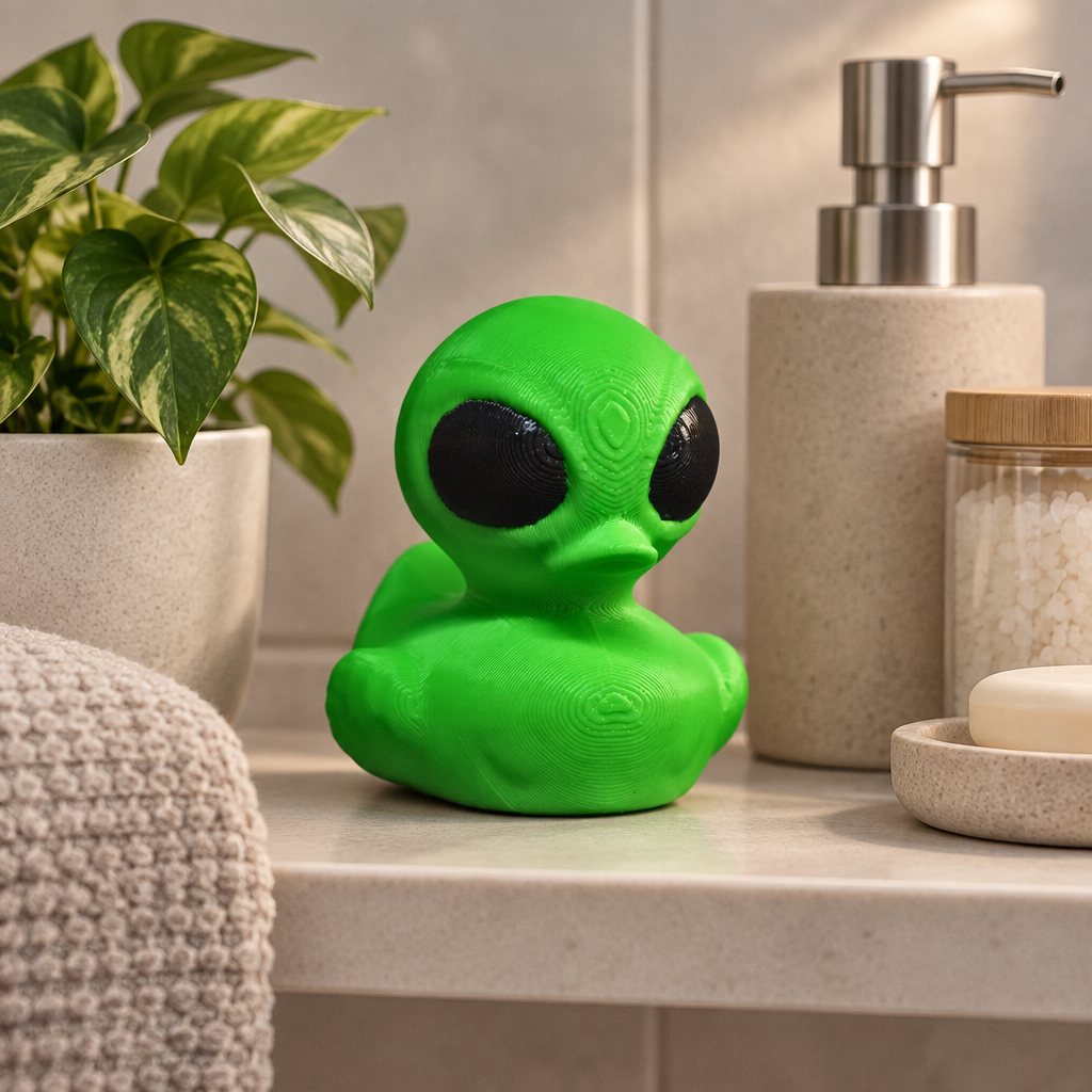 Bright green alien bath duck styled on a minimalist bathroom shelf