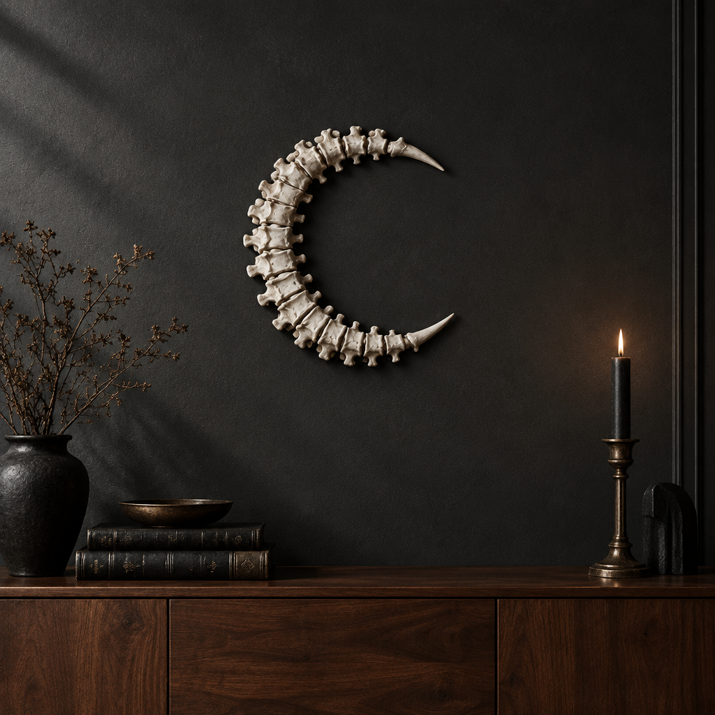Spinal Moon on charcoal wall above a console
